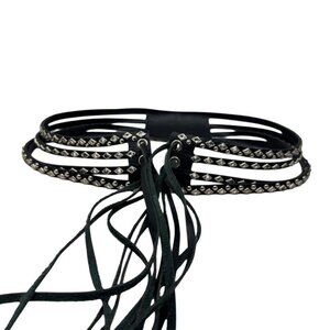 vintage studded black vegan leather corset belt ties closed with fringe one size